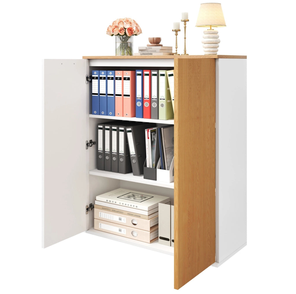 Mobile contenitore con ante e frontale a doghe; 80 x 40 x 110 cm; MDF bianco e rovere