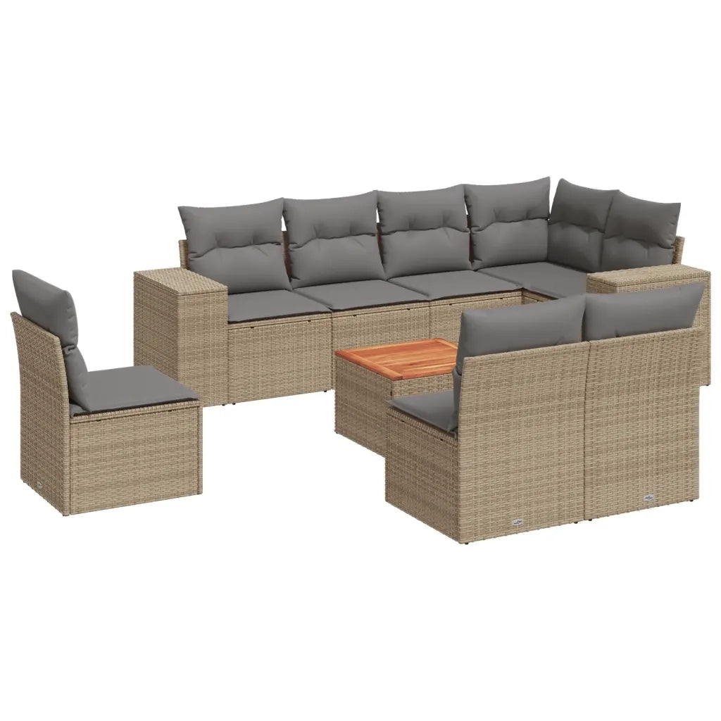 Set Divano da Giardino 9 pz con Cuscini Beige in Polyrattan