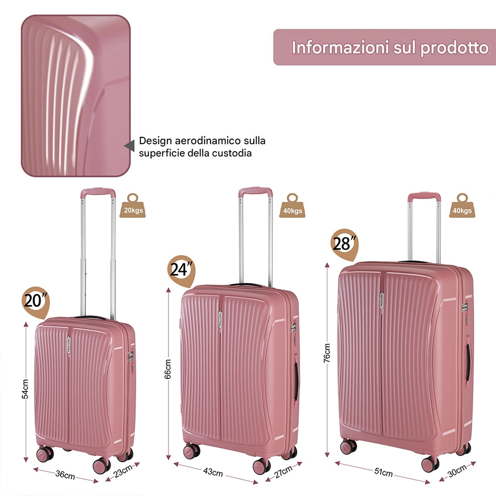 Set 3 Valigie in ABS Rigide Rosa 90-59-38L Ruote Easy Roll e Manico Telescopico