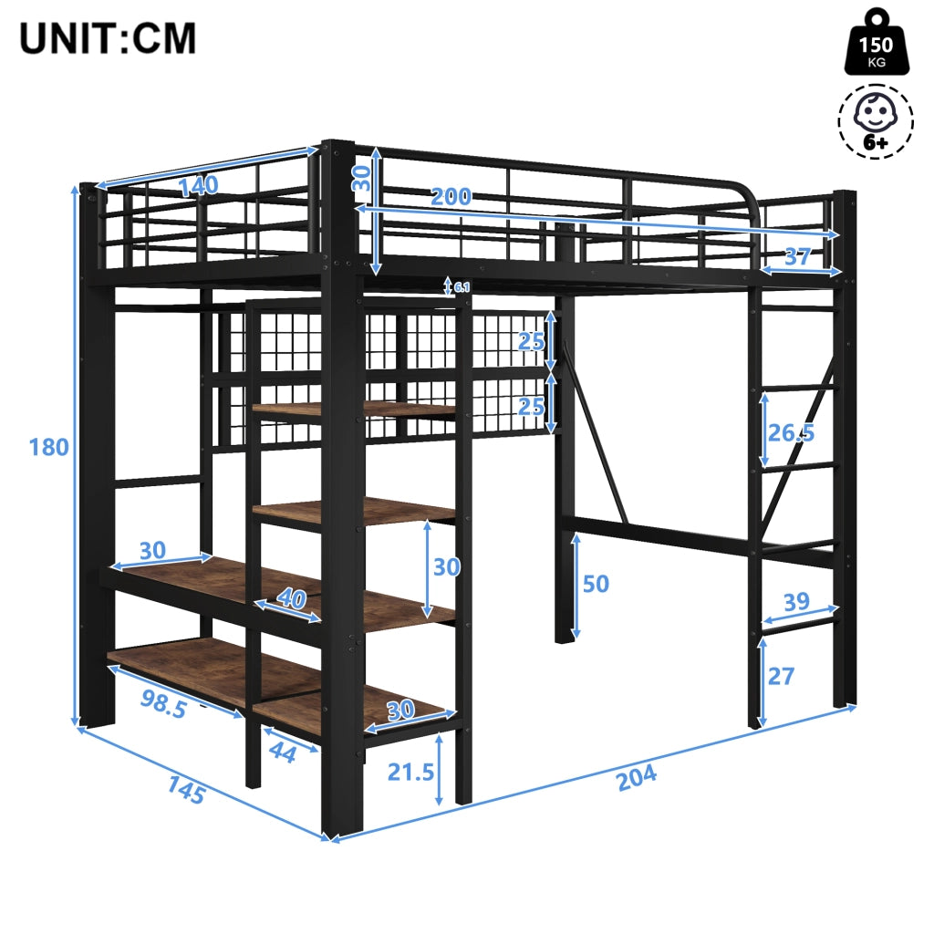 Letto a soppalco in metallo con rete appendi, LED e scala, 140x200 cm, nero