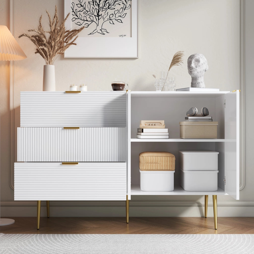 Sideboard moderno 120 x 38 x 80;5 cm in MDF bianco e oro con 3 cassetti e 2 ante