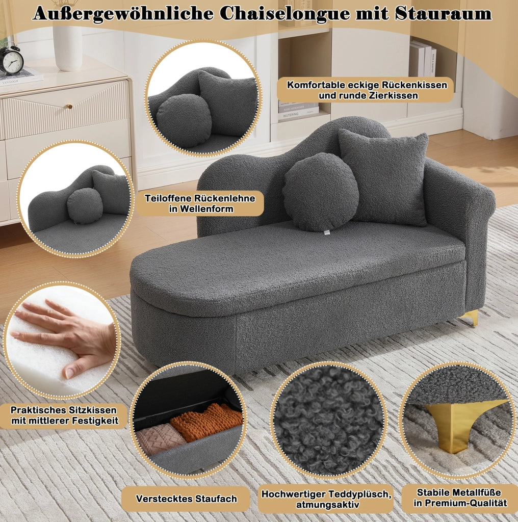 CHAISELONGUE 134 cm con contenitore, grigio antico, con 2 cuscini