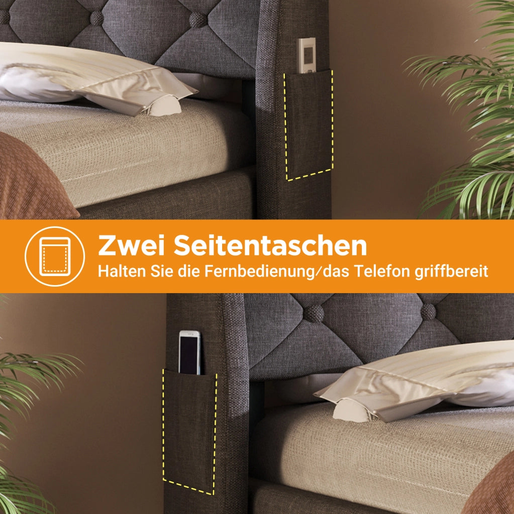 Letto imbottito 90x200 cm con contenitore idraulico, LED e prese USB Type-C, grigio
