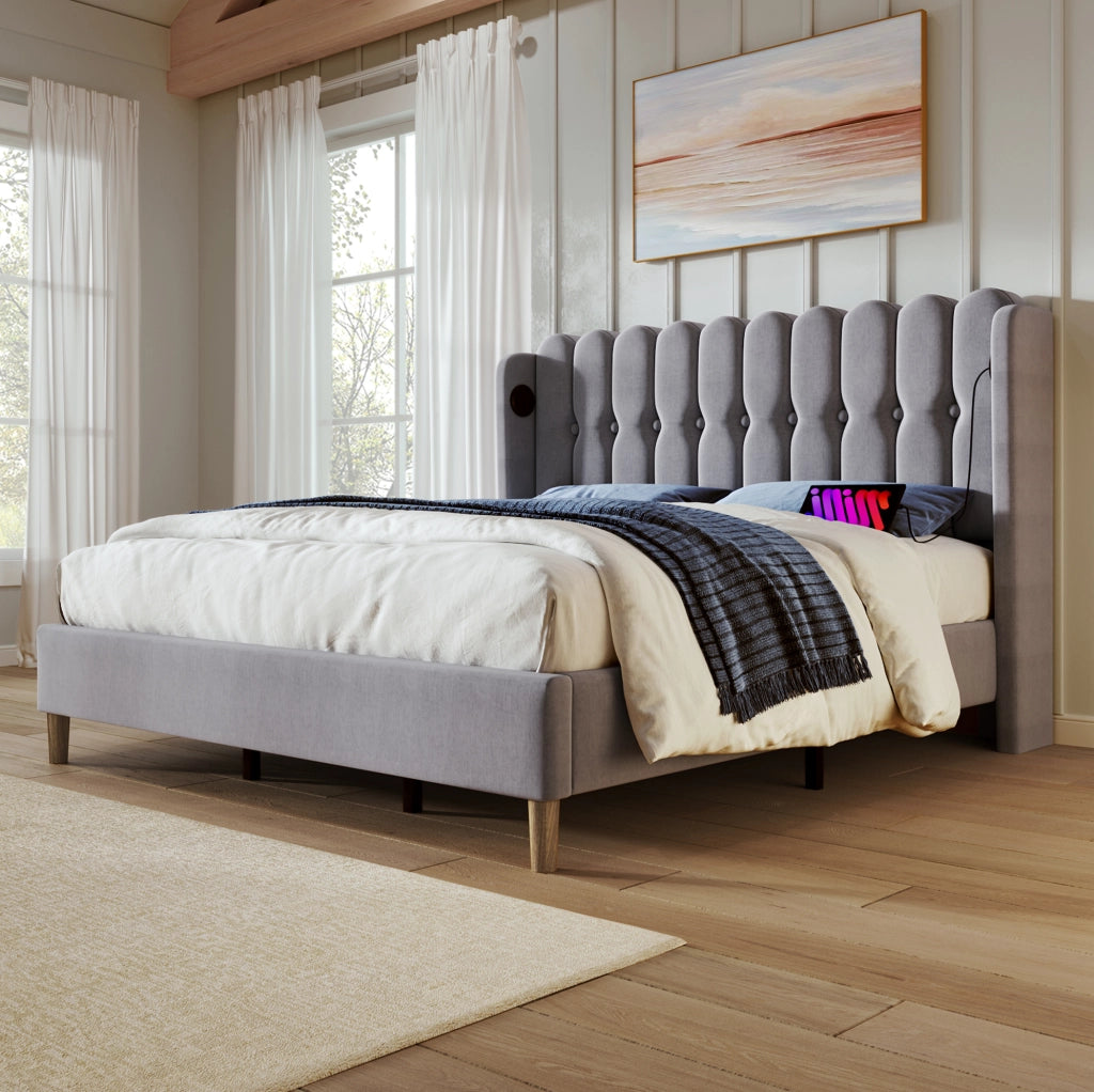 LETTO Matrimoniale 140x200 cm in lino grigio con USB e Type-C