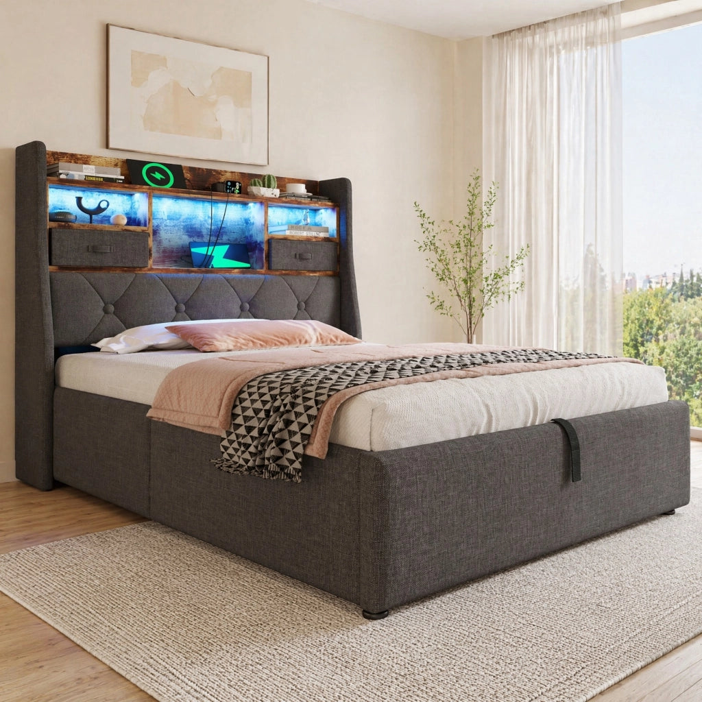 Letto imbottito 90x200 cm con contenitore idraulico, LED e prese USB Type-C, grigio