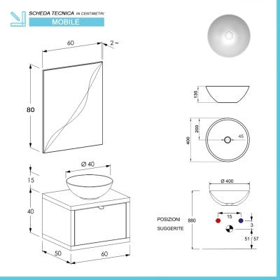 Mobile bagno sospeso 60 cm grigio cemento con lavabo a bacinella e specchio Master