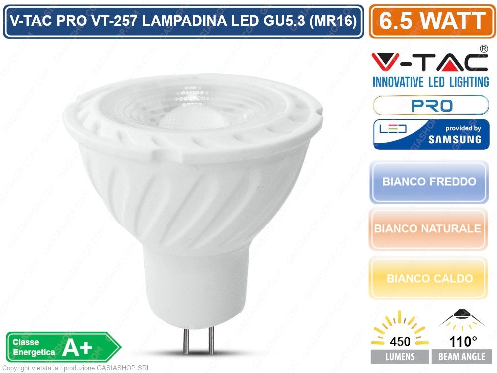 V-TAC PRO VT-257 LAMPADINA LED GU5.3 (MR16) 6,5W FARETTO SPOTLIGHT CHIP SAMSUNG - Colore Luce:Bianco Naturale