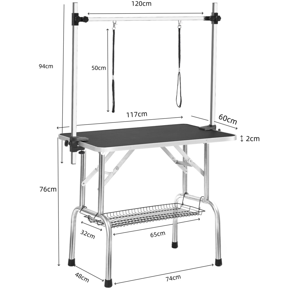 Tavolo toelettatura pieghevole per animali 117x60x76 cm in acciaio inox nero