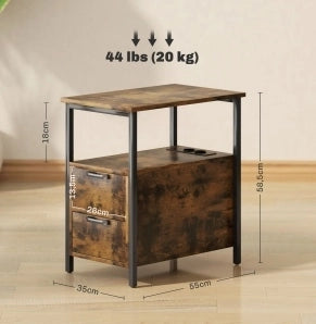 TAVOLINO Laterale 55x35x58,5 cm Marrone con 2 cassetti e prese integrate