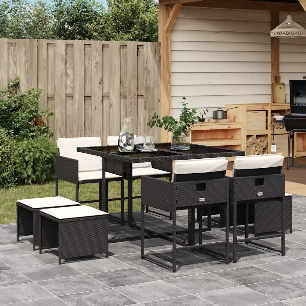 Set da Pranzo da Giardino 9 pz con Cuscini Nero in Polyrattan 3211314