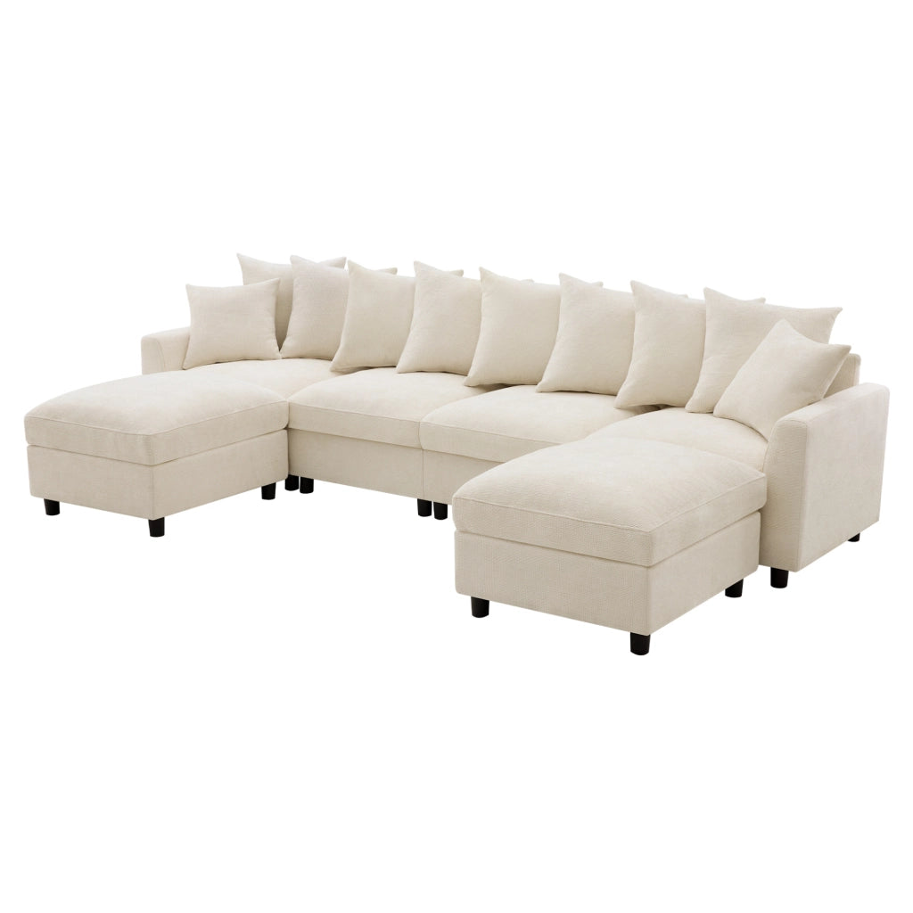 Divano angolare modulare 6 posti a U/L con 2 pouf, porte USB e Type-C, chenille beige