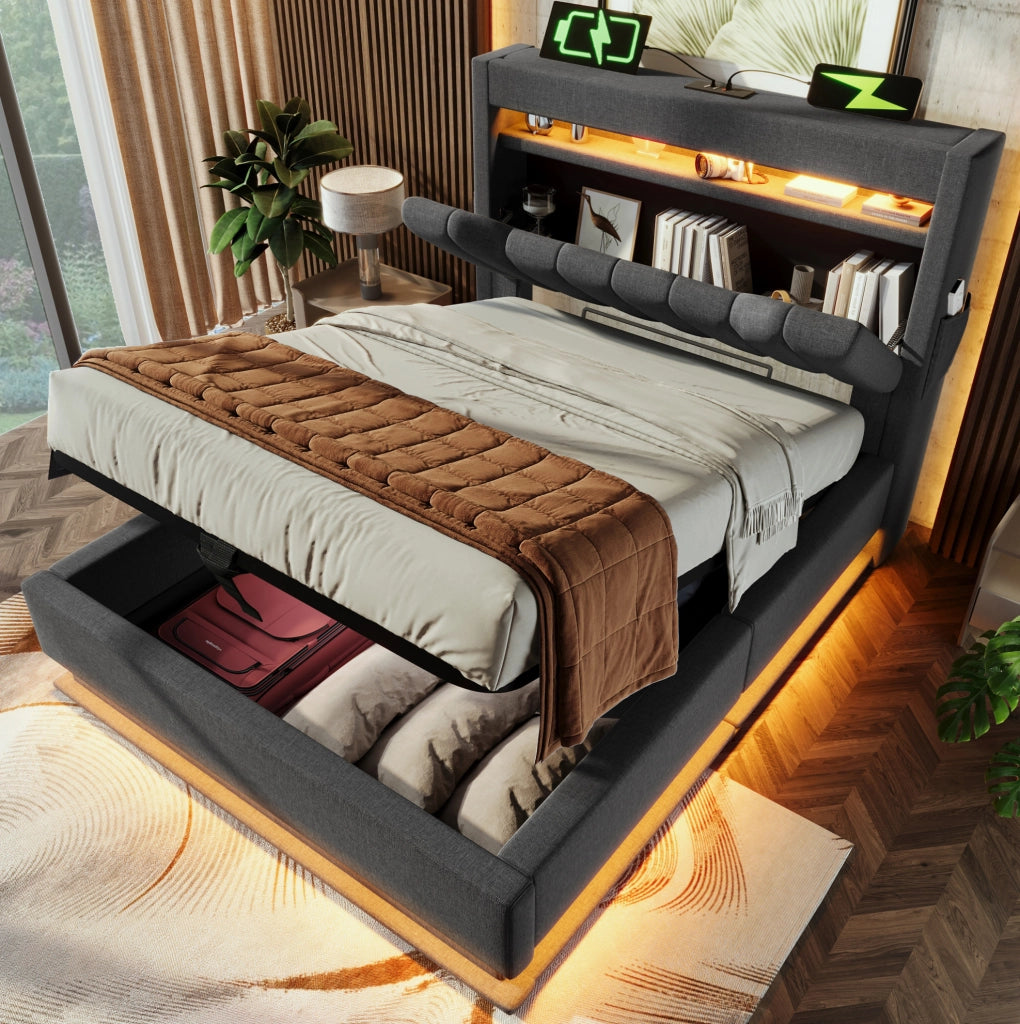 Letto singolo imbottito 90x200 cm con contenitore, USB Type-C, LED e materasso, grigio