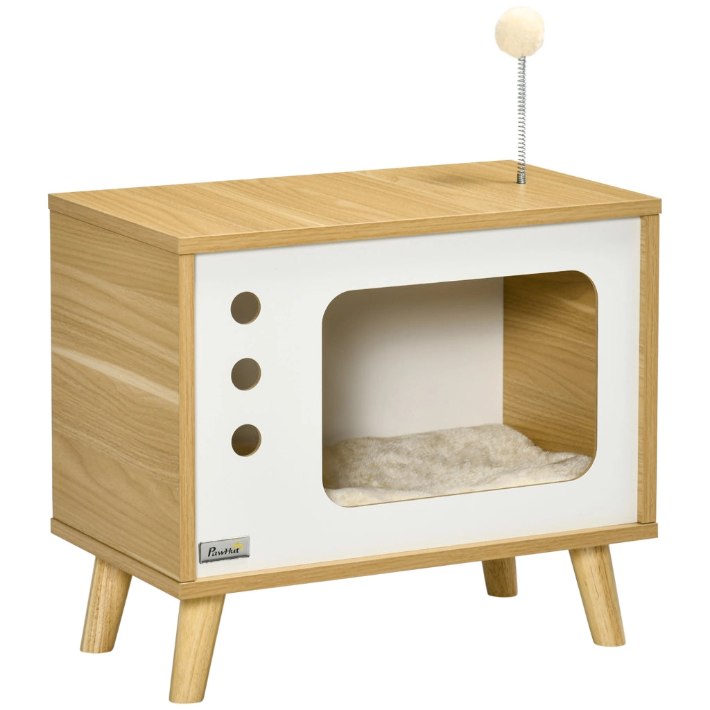 Cuccia per gatti a forma di TV con cuscino morbido e pallina gioco, casetta da interno, design moderno, 50 x 28 x 43 cm