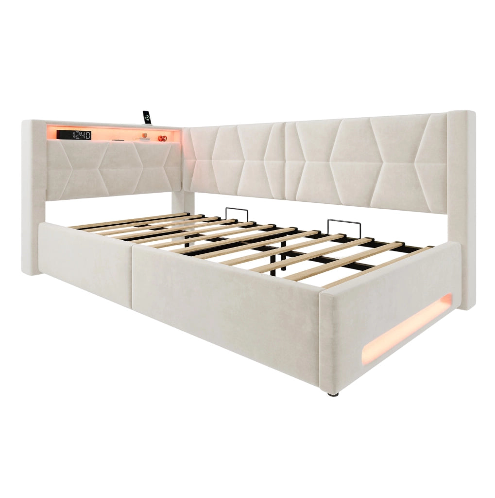 Letto imbottito 90x200 cm con contenitore, LED, USB e Type-C, velluto beige