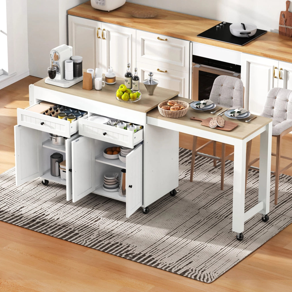 Isola da cucina mobile con piano estraibile 112-180;5 cm in MDF bianco/naturale