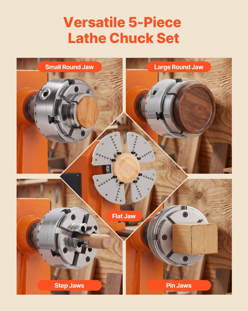 Mandrino autocentrante a 4 griffe da 102 mm per tornitura del legno, set con adattatore 1 pollice x 8 TPI, 5 griffe, valigetta, acciaio nichelato