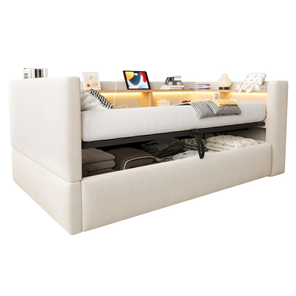 Divano letto imbottito 90x190 cm con contenitore idraulico; LED e prese; beige