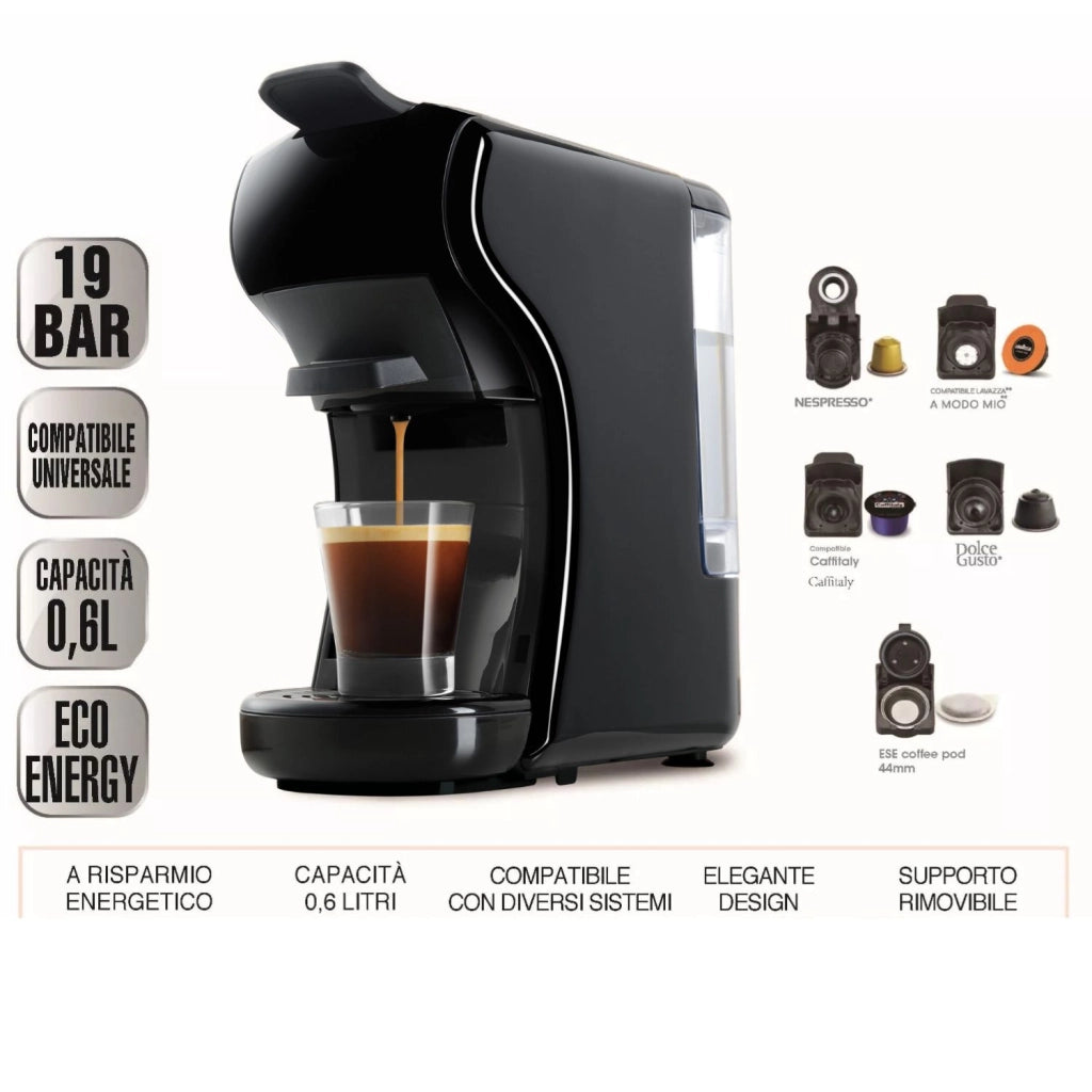 DCG ES6517 - Macchina Del Caffè Universale, serbatoio 0,6 Litri, 19 BAR, 1.450W - NERA