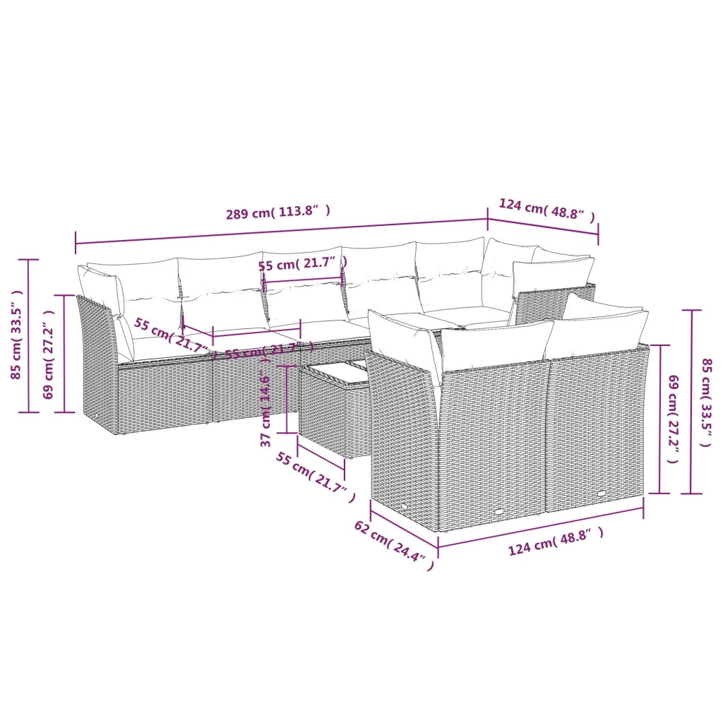 Set Divani da Giardino 9 pz con Cuscini Nero in Polyrattan 3217916