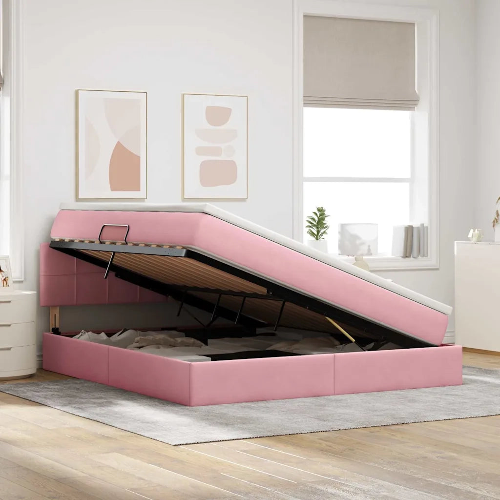 Letto con contenitore e LED con led Rosa 160 x 200 cm Velluto