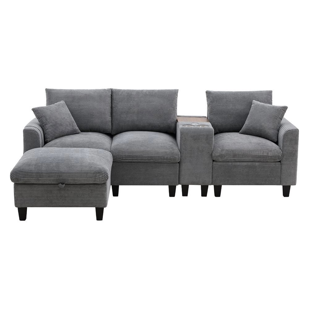 Divano angolare a L - Xylo - Velluto, console con USB, ripostiglio, grigio