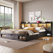 Letto a piattaforma 180 × 200 cm con contenitore MDF e compensato nero LED 3 cassetti e ripiani