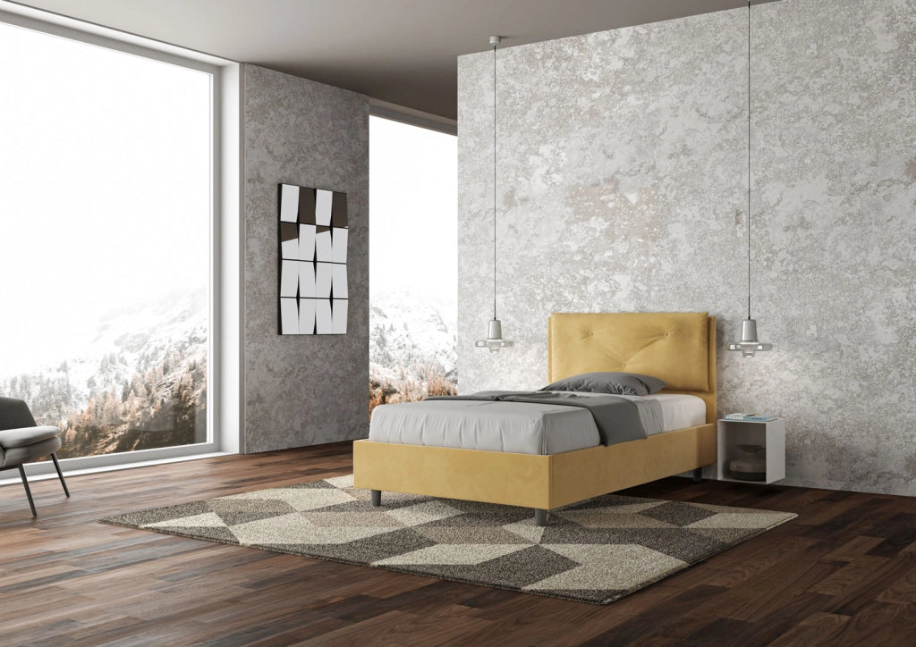 Letto 1 Piazza E Mezzo 130x200 cm con Rete Imbottito in Microfibra Appia Large Ocra