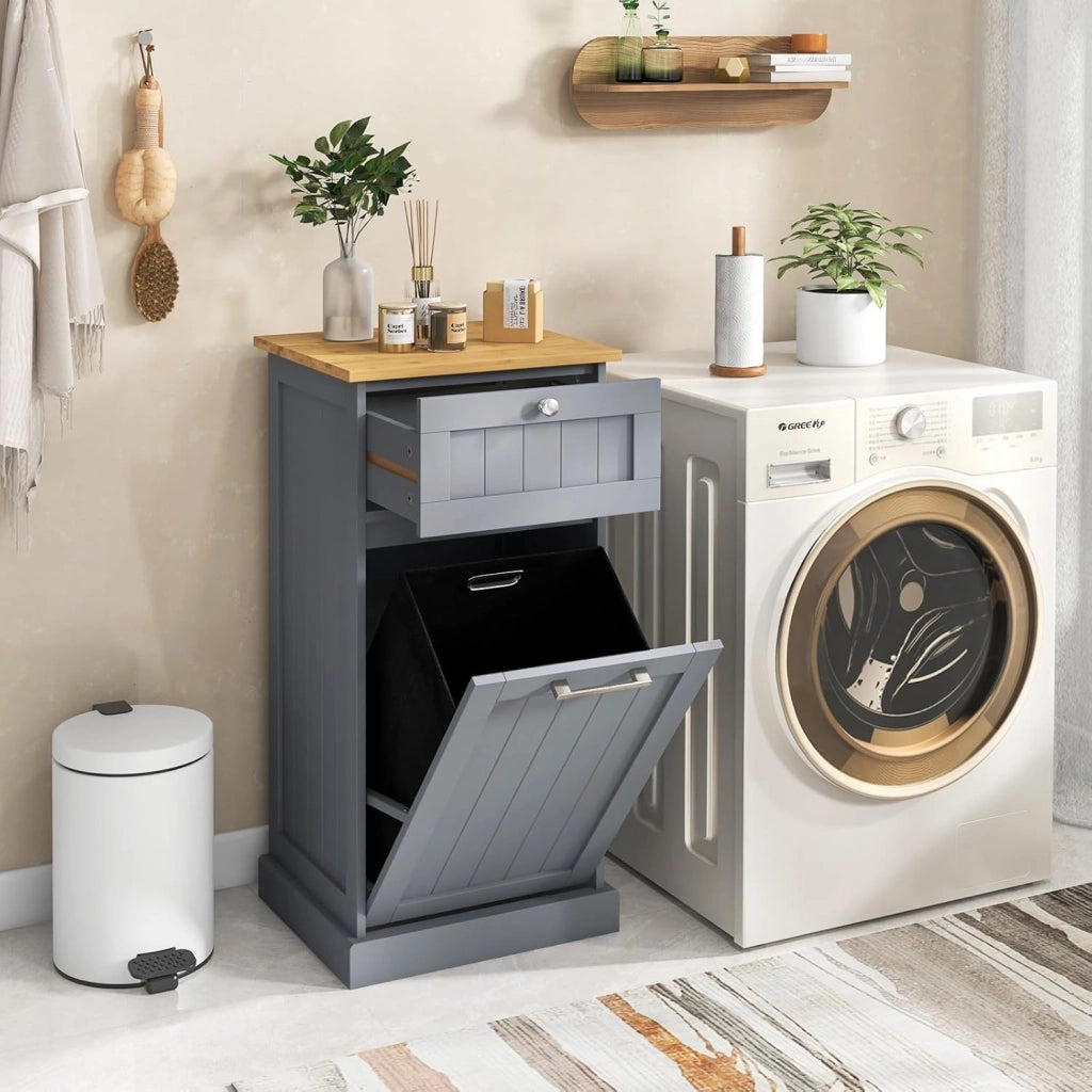 Mobile con Cesta Portabiancheria 40x37x82 cm, Cesto per Biancheria con Cassetto, Mobile Multiuso da Bagno (Grigio)