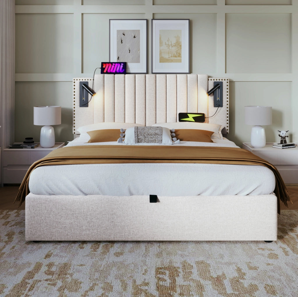 Letto matrimoniale contenitore 180x200 beige con USB e luce