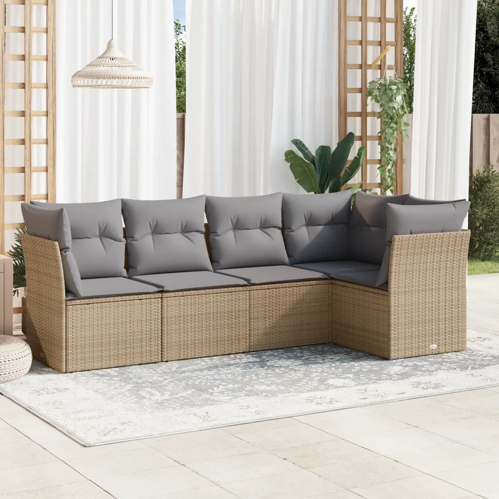 Set Divano da Giardino 5 pz con Cuscini Beige in Polyrattan 3217599