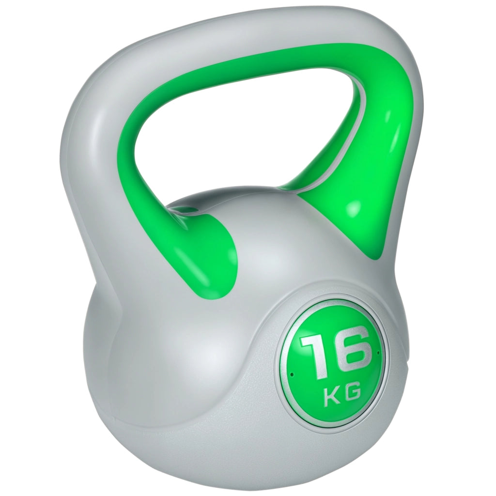 EasyComfort Kettlebell 16kg in PU e Sabbia con Base Piatta e Impugnatura per Stacchi, Squat e Sollevamenti, 26x18x32 cm, Verde
