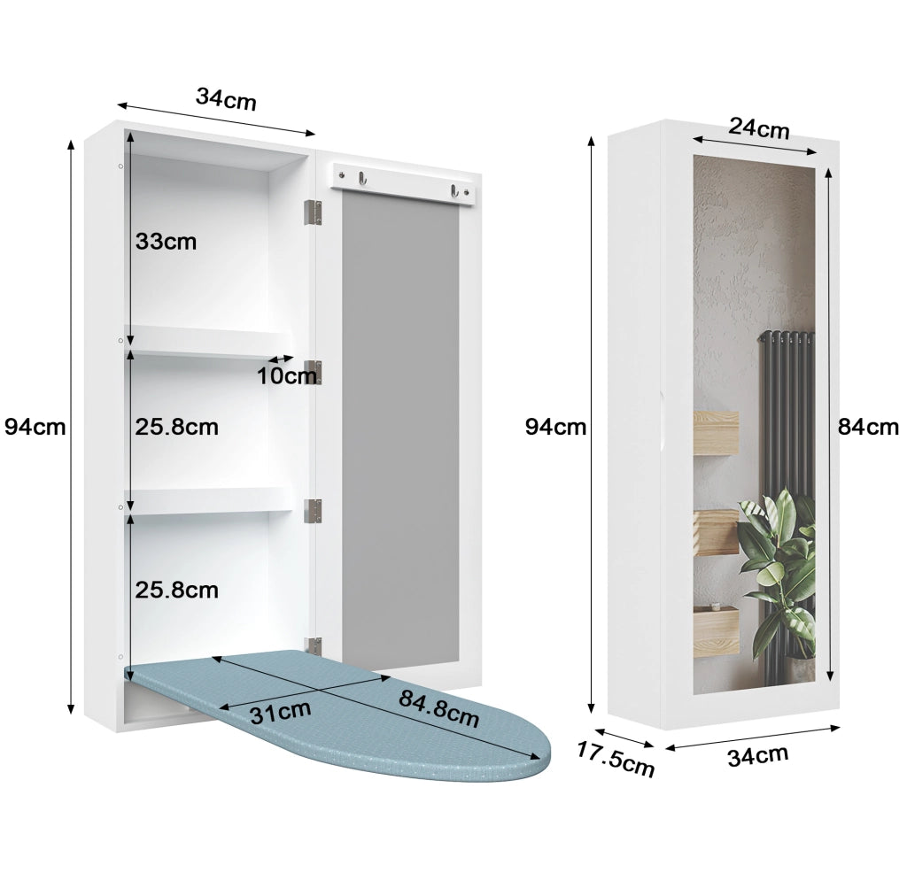 Mobiletto da parete con asse da stiro pieghevole e specchio, bianco in MDF