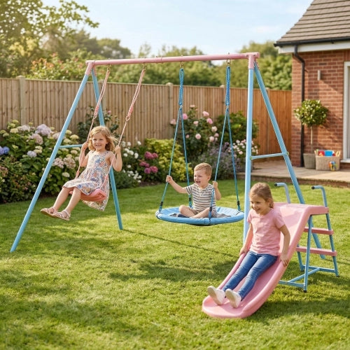Altalena con due sedute e scivolo per bambini da 3 anni in acciaio e plastica HDPE blu e rosa 120 × 40 × 26 cm