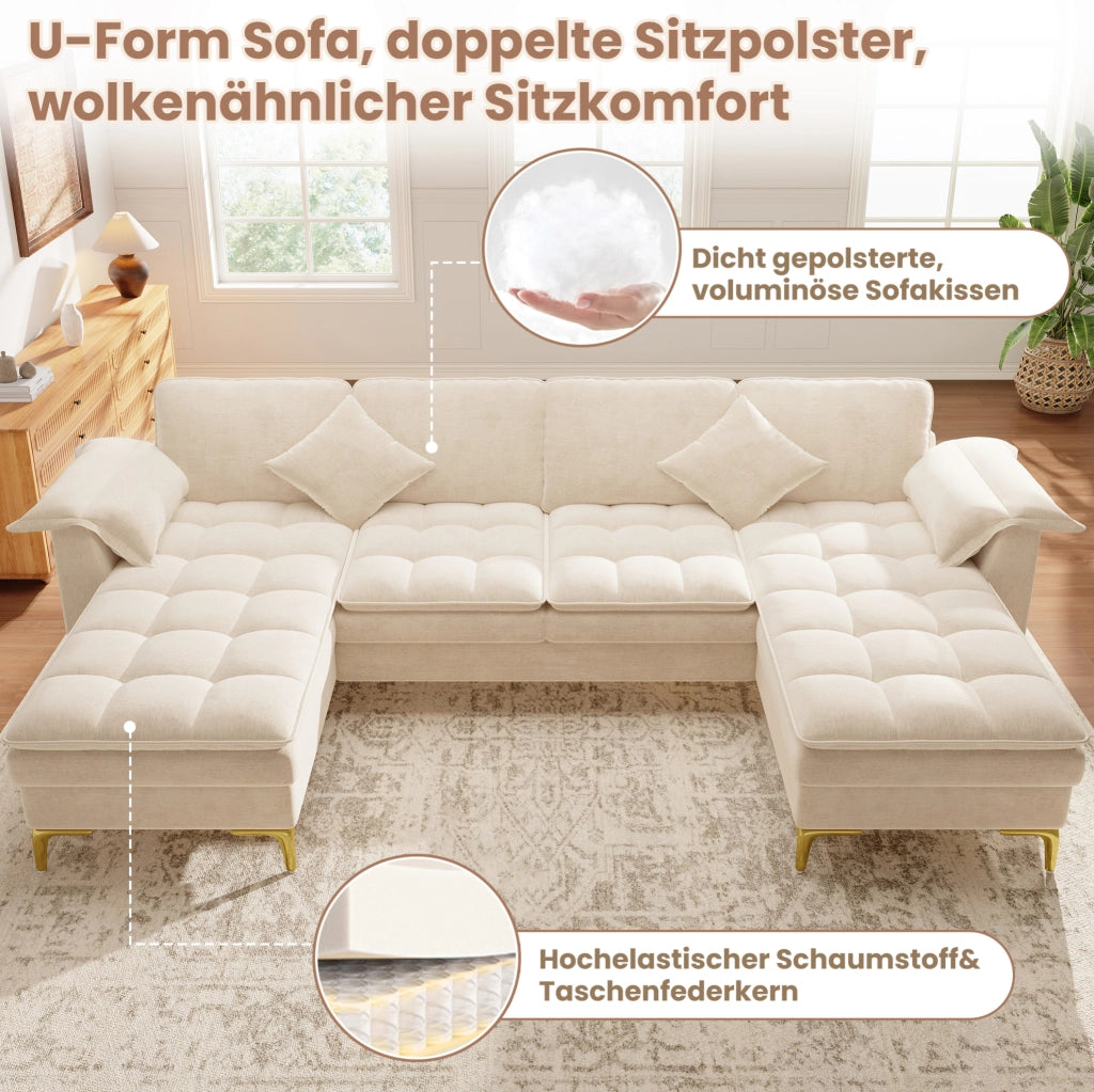 DIVANO A U 4-5 POSTI 262x134x86 cm Chenille Beige con 2 cuscini