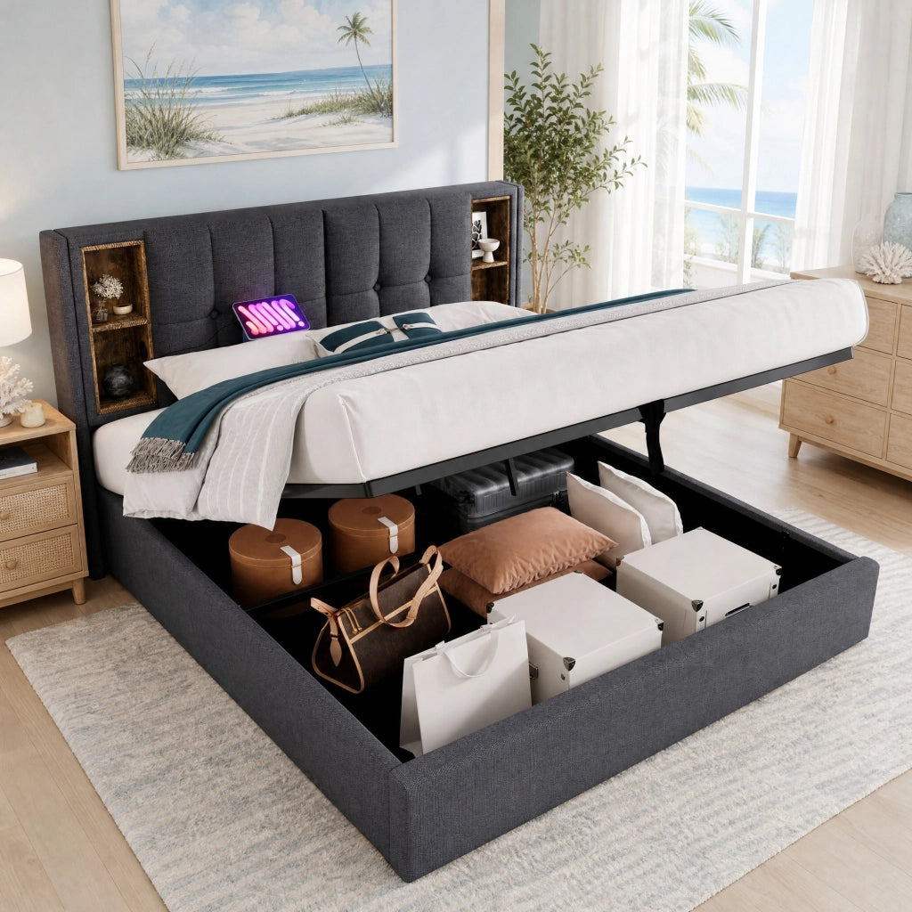 Letto matrimoniale con ricarica wireless, USB e ampio spazio contenitivo