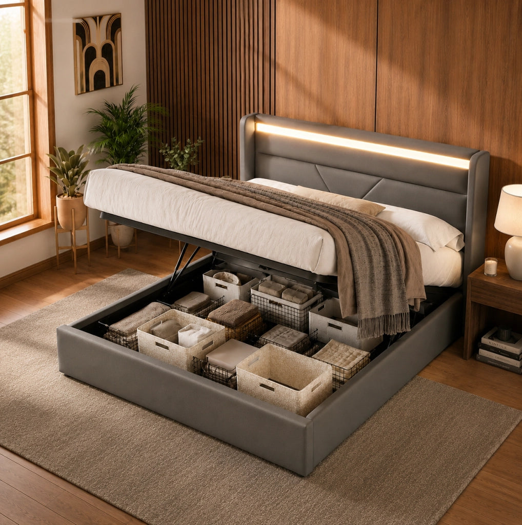 LETTO Contenitore 140x200 cm in PU Grigio con LED e telecomando