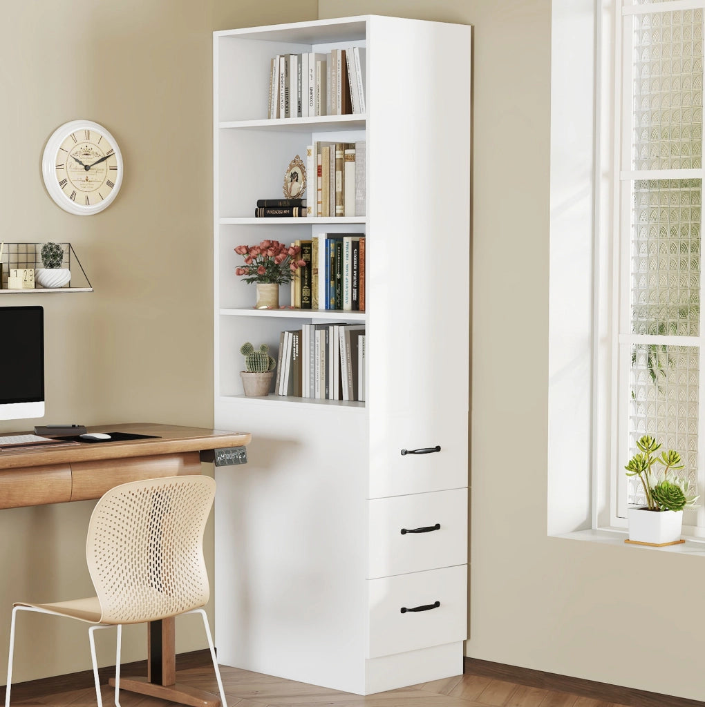 Libreria alta 180 cm slim con 3 cassetti laterali; 4 ripiani; bianco