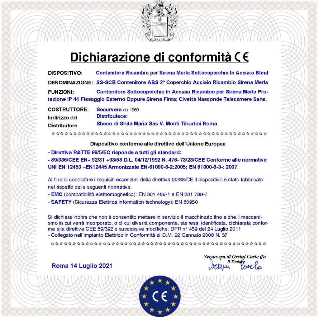 Sirena Finta Civetta Contenitore Fondo e Coperchio in ABS Sottocoperchio in Acciaio Zincato Ricambio Oppure Nasconde Sensori Microfoni Telecamere Altoparlanti con Messaggi Dissuasivi Montaggio Esterno