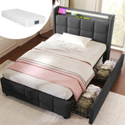 Letto singolo imbottito grigio 90 x 200 cm con LED, prese, USB e 2 cassetti