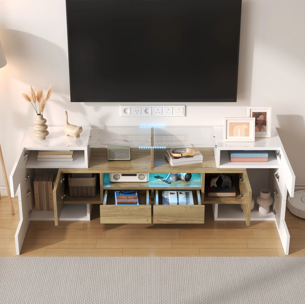Mobile TV 145 cm con LED multicolore, 6 ante e 2 cassetti bianco e oro