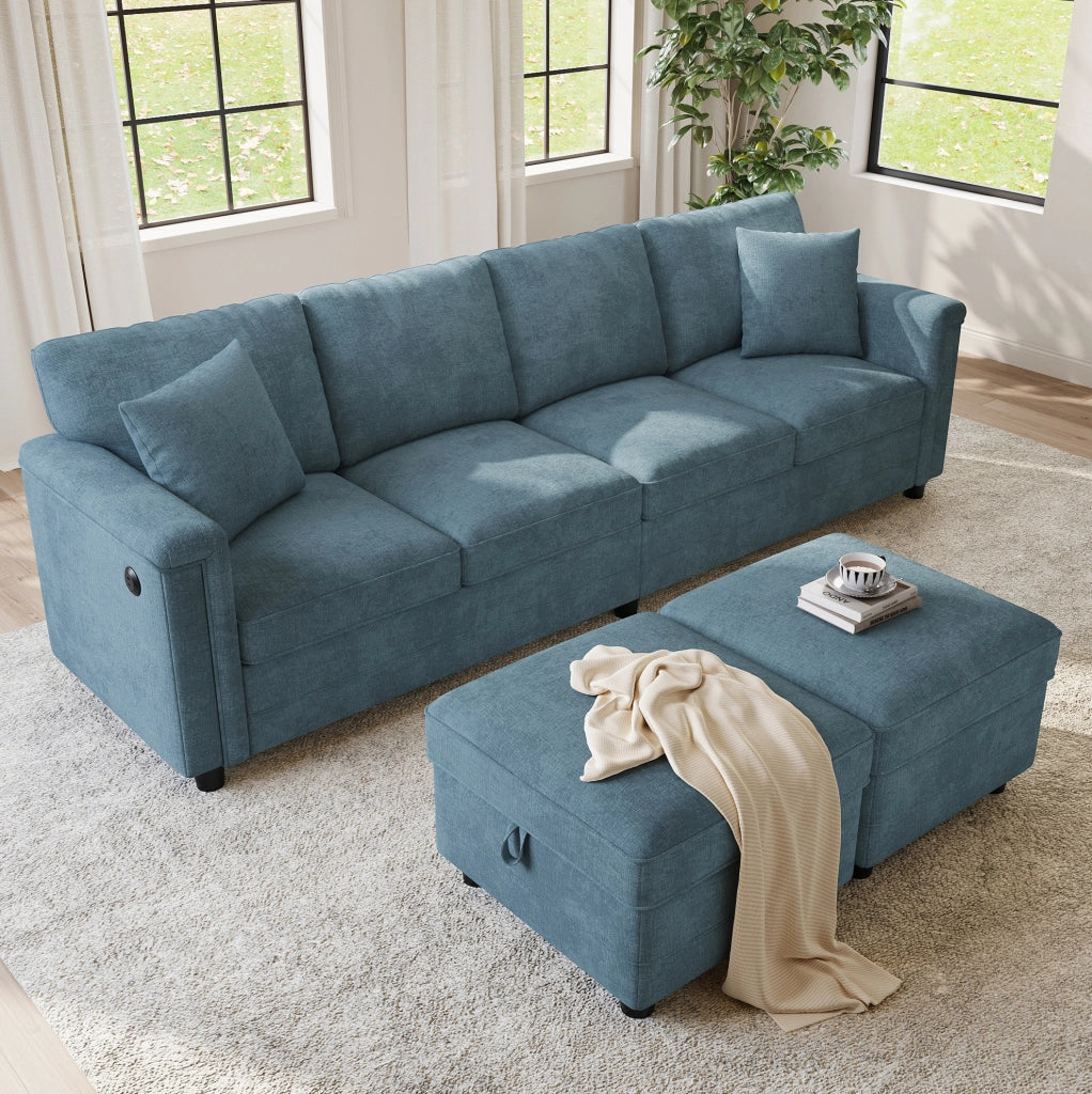 Divano modulare blu in ciniglia 261x134x82 cm con 2 pouf contenitore; USB e Type-C