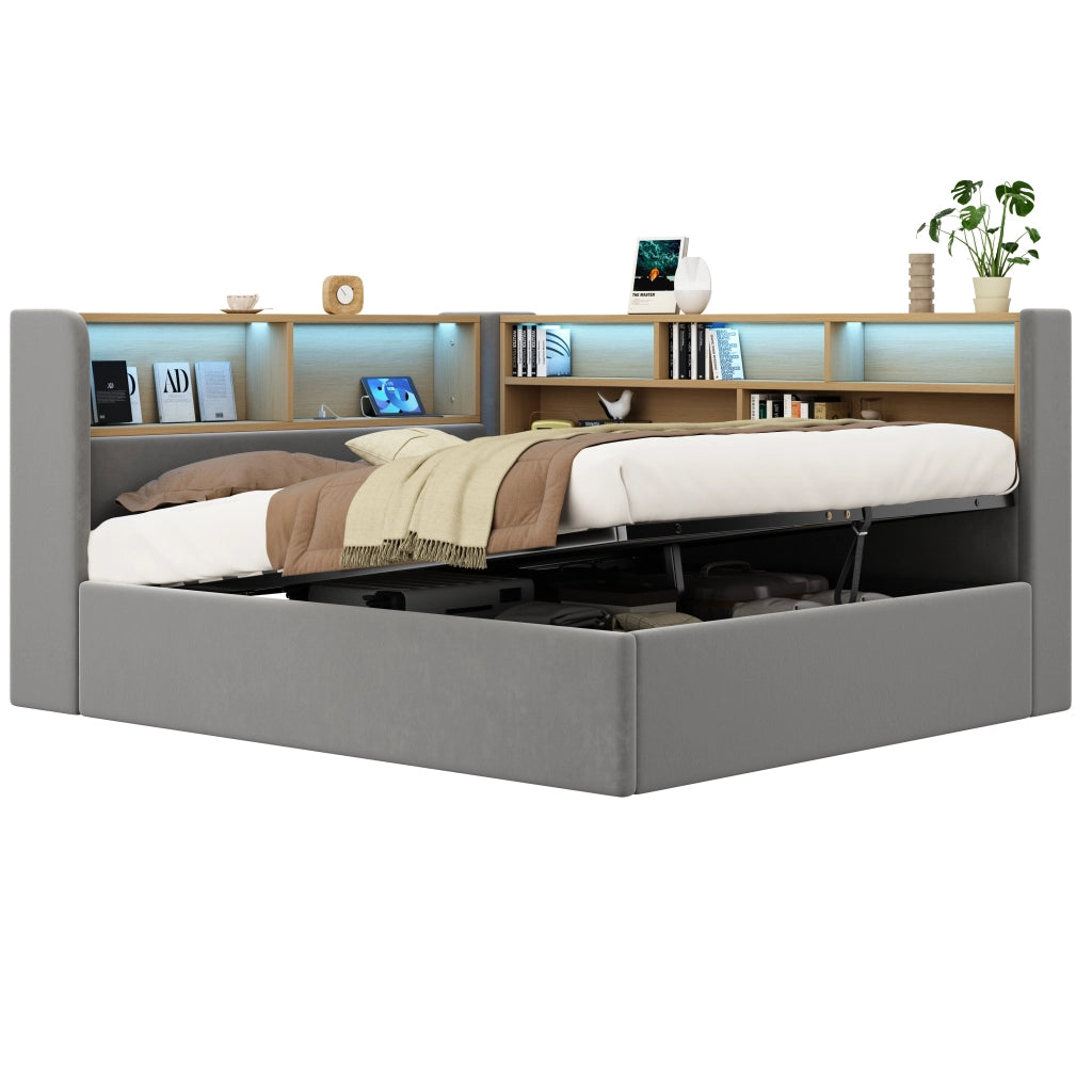 Letto per bambini con contenitore idraulico in velluto grigio con LED USB e porta type-c
