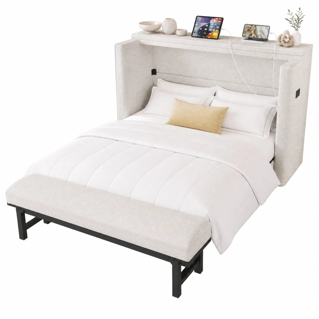Letto a scomparsa mobile 140x200 cm beige con USB e cassetto
