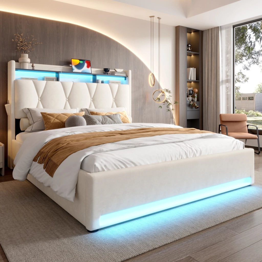 Letto contenitore 140 × 200 cm con testiera apribile; LED; porte USB e Type-C; rivestito in velluto beige
