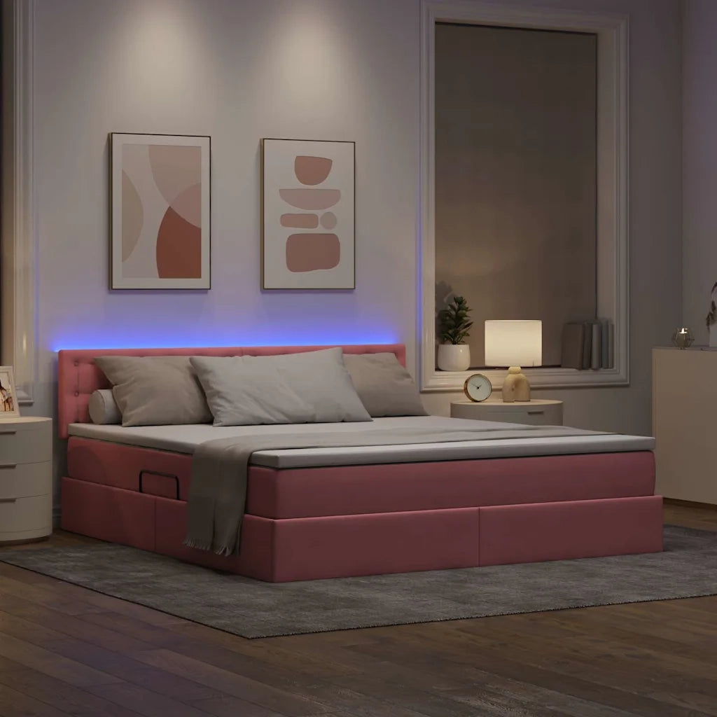 Letto con contenitore e LED con led Rosa 160 x 200 cm Velluto