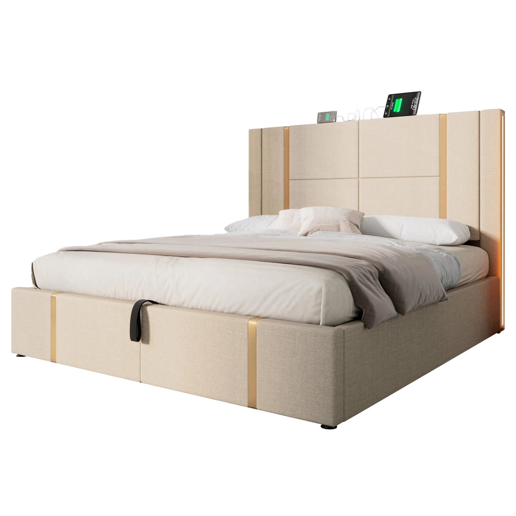 Letto matrimoniale imbottito 160x200 beige con LED RGB