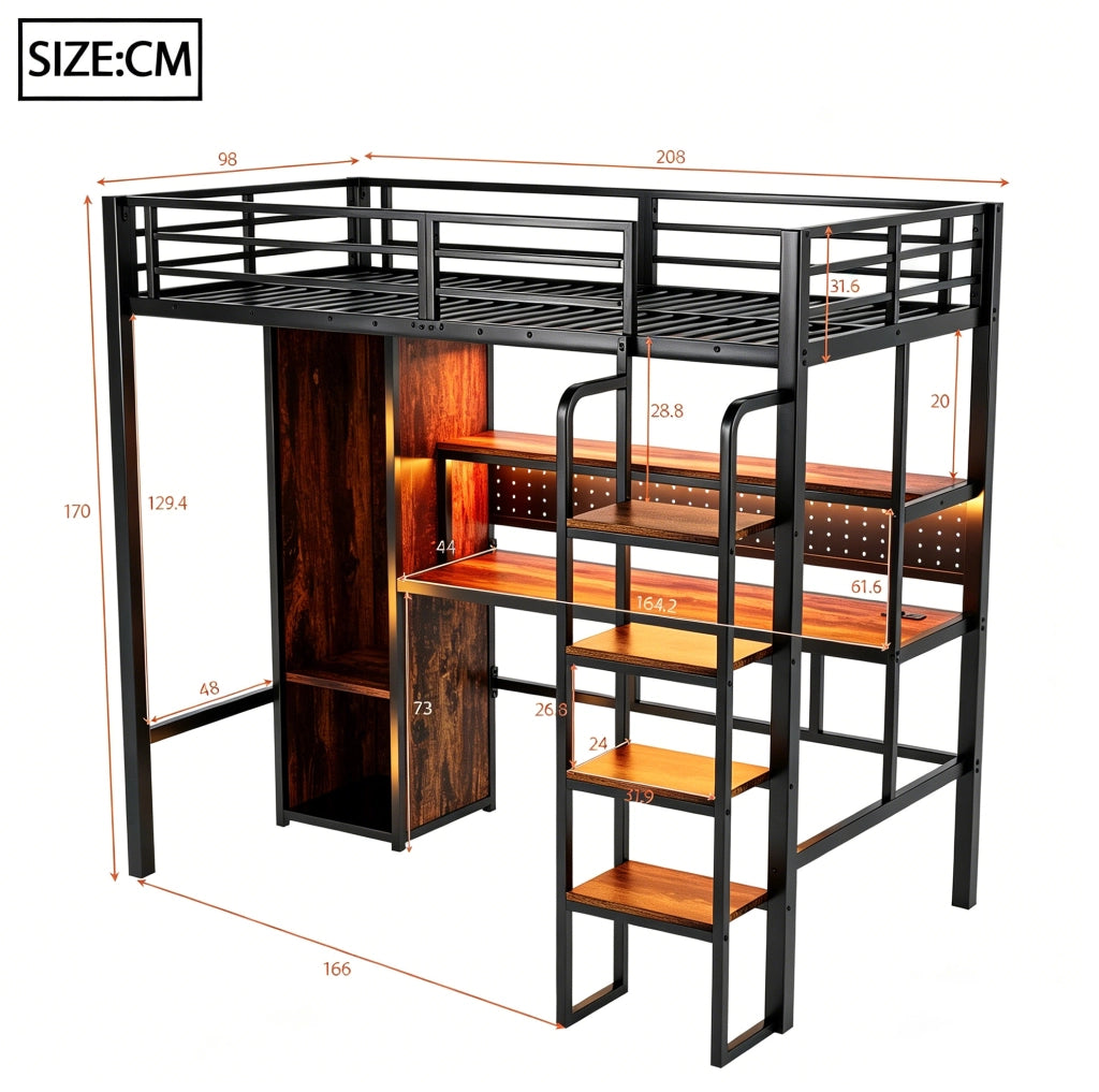 Letto a soppalco multifunzionale 90x200 cm con armadio; scrivania e LED; metallo e MDF