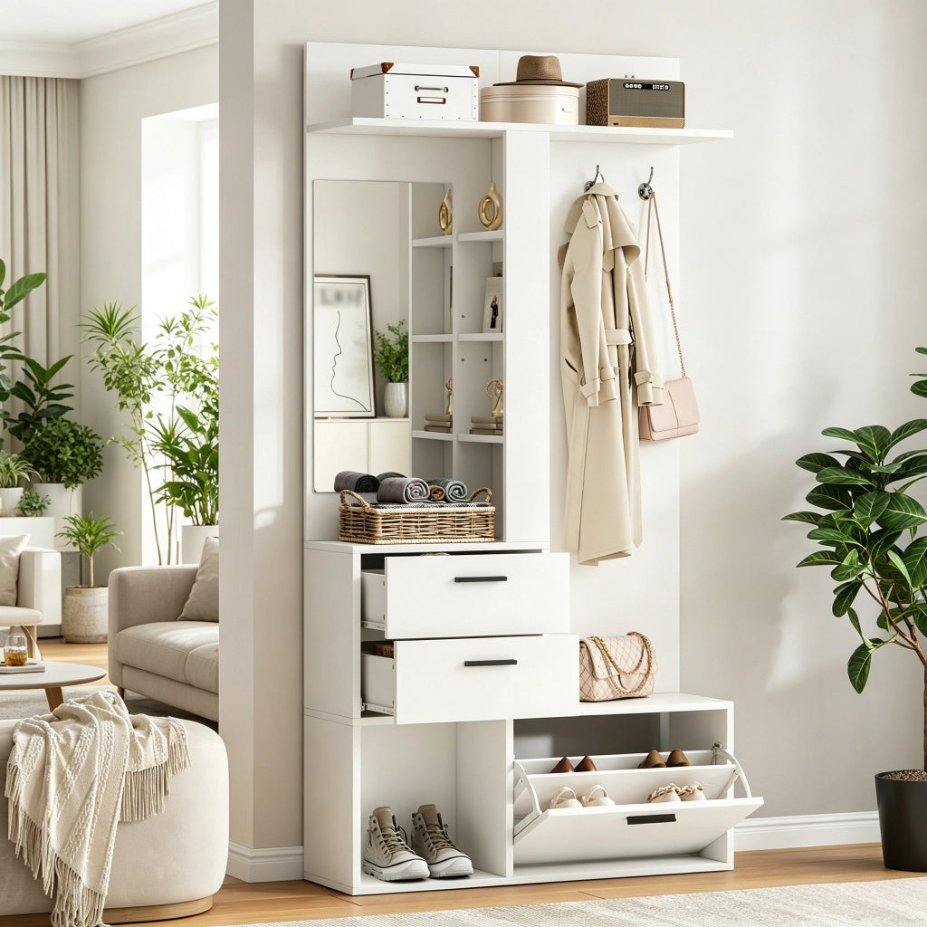 Mobile ingresso con scarpiera e specchio guardaroba bianco 90x30x180 cm in MDF