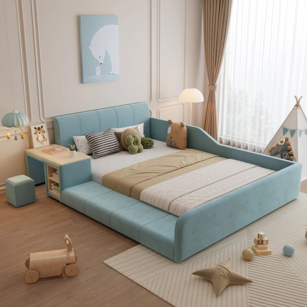 Letto 140 x 200 cm con scrivania e pouf, cassetti, velluto blu, camera per bambini