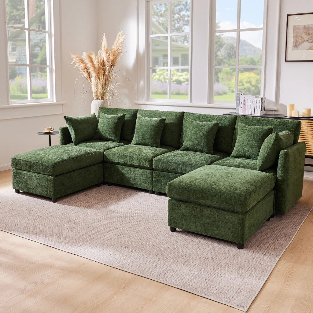 Divano modulare in ciniglia verde componibile a L o U con 2 pouf e 6 cuscini